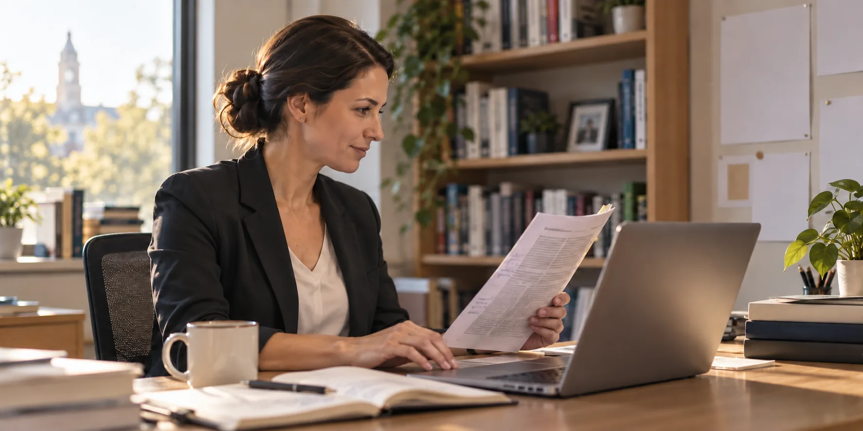 An educator preparing a simulation at a desk with teaching materials and a laptop