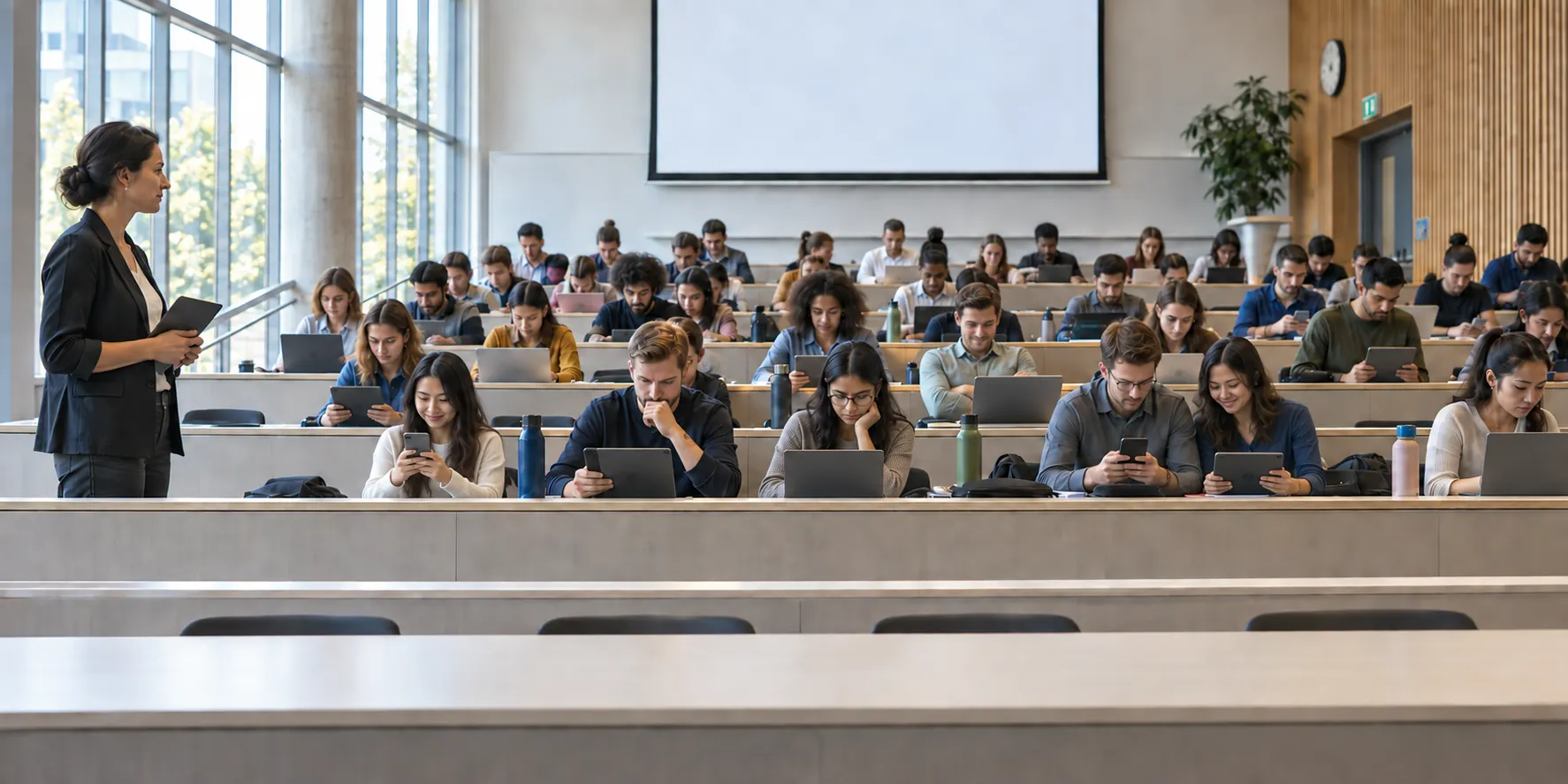 University lecture hall where every participant is active on a device